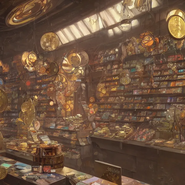 Image similar to modern coin shop with a lot of coins, 4 k, octane, digital painting, artstation, concept art, sharp focus, illustration, art by artgerm and greg rutkowski and alphonse mucha