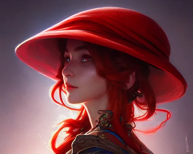 Prompt: red hat wizard, deep focus, d & d, fantasy, intricate, elegant, highly detailed, digital painting, artstation, concept art, matte, sharp focus, illustration, hearthstone, art by artgerm and greg rutkowski and alphonse mucha