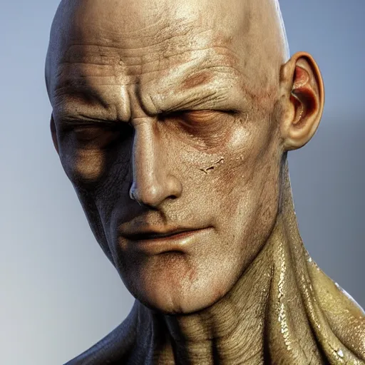 Image similar to photo taken of an epic intricate, ultra detailed, super realistic gritty, wet, lifelike sculpture of saitama from one ounch man with patches of skin created by weta workshop, zoomed in shots, subsurface scattering, photorealistic, sharp focus, white wall coloured workshop, cold colour temperature, f 0. 4, face centred, golden ratio