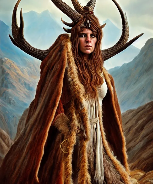 Prompt: a detailed horned antelopewoman stands among the mountains. wearing a ripped mantle, robe. perfect faces, extremely high details, realistic, fantasy art, solo, masterpiece, art by daniel e. greene, johannen voss, zoey frank, vincent desiderio