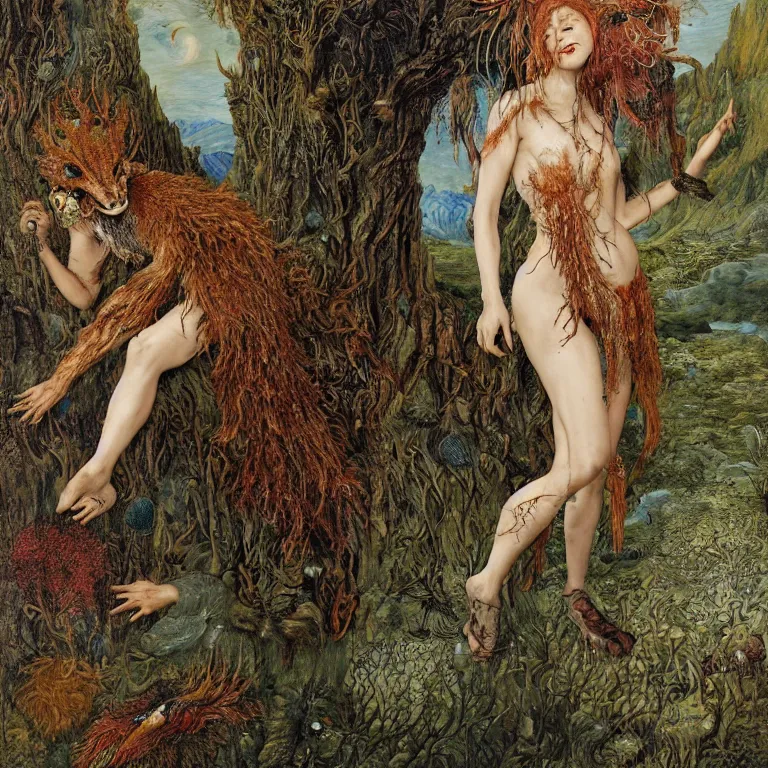 Image similar to a grinning druid dryad with fish skin transforming herself into a mad beast. her skin is covered in scales and feathers. landscape with mountains, river and night sky. painted by jan van eyck, max ernst and ernst haeckel, trending on artstation, 8 k, award winning, hard lighting, fashion editorial, mythology