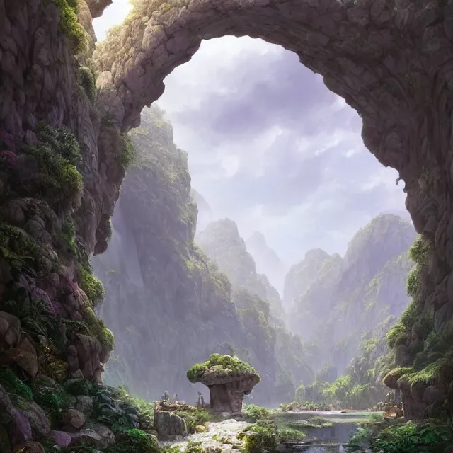 Prompt: a beautiful hyper realistic detailed matte painting of a perfect stone archway over a pathway through a dense colorful forest, dramatic mountains in background, dramatic lighting, dynamic lighting, cinematic lighting, lit by morning light, by raphael lacoste and john howe and andreas rocha, unreal engine, featured on artstation, ultrawide angle, f 8, polarizer filter