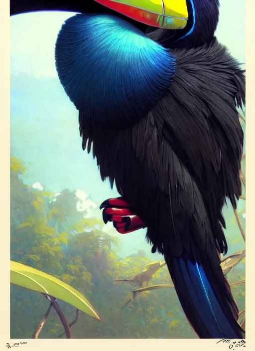 Prompt: close up portrait of toucan god, blue iridescent feathers and white chest, beak open wide by artgerm, cushart krenz, greg rutkowski, mucha. art nouveau. gloomhaven, tropical atmosphere, natural tones, vibrant colors, sharp edges. ultra clear detailed. 8 k. elegant, intricate, octane render