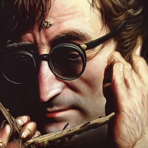 Image similar to john lennon as ritualistic cannibal, ultra realistic, concept art, intricate details, highly detailed, photorealistic, octane render, 8 k, unreal engine, art by frank frazetta, simon bisley, brom