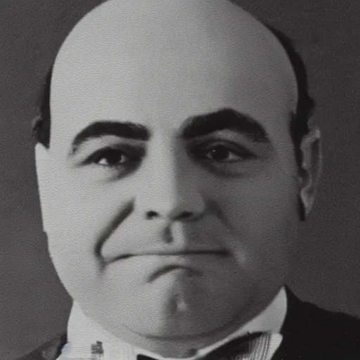 Image similar to an old mugshot of Al Capone, he is wearing a white tuxedo with a bowtie, he is smirking