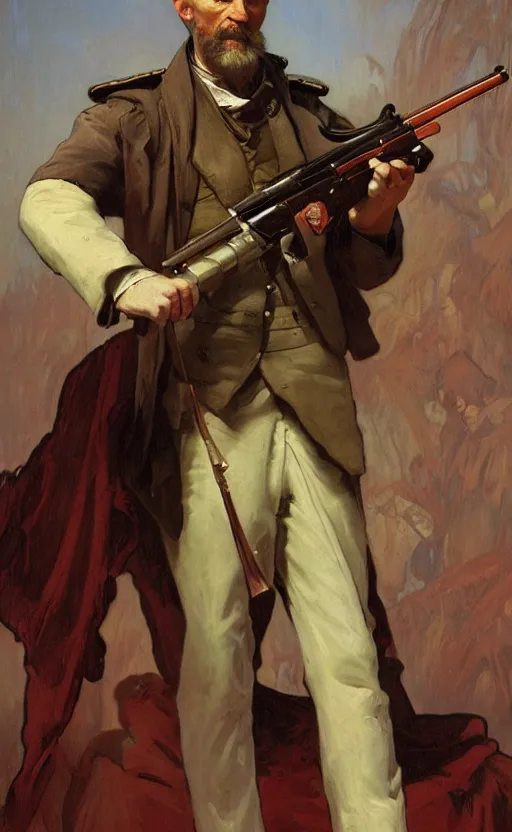 Prompt: classical painting of John Brown holding a futuristic rifle with LEDs, wearing men's 1800s garb, elegant, digital painting, concept art, smooth, sharp focus, illustration, normal human physique, art nouveau, by Ruan Jia and Alphonse Mucha and Dan Mumford and Mandy Jurgens and Artgerm and William-Adolphe Bouguerea