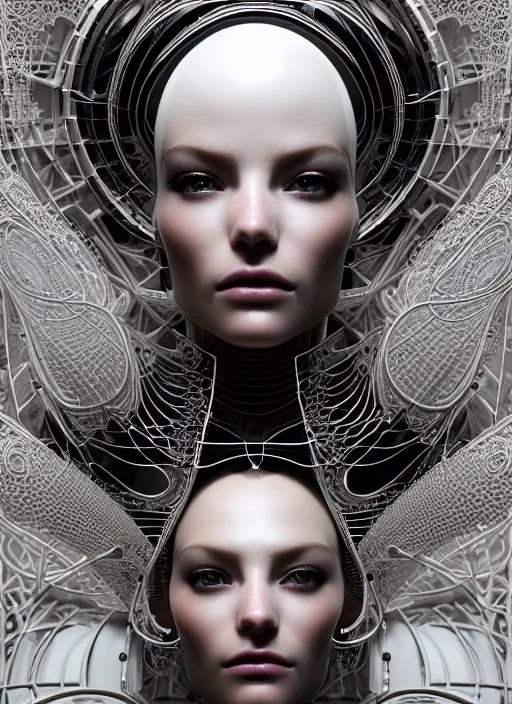 Image similar to portrait of an absurdly beautiful, graceful, sophisticated, fashionable cyberpunk mechanoid, hyperdetailed illustration by irakli nadar and alexandre ferra, intricate linework, white porcelain skin, faberge, fractal ivory headdress, unreal engine 5 highly rendered, global illumination, radiant light, detailed and intricate environment