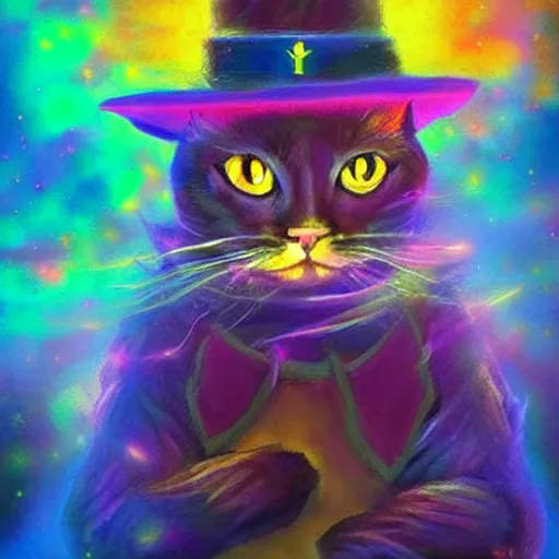 Prompt: wizard cat, painting, dramatic, luminescent, colorful, smoke, mighty