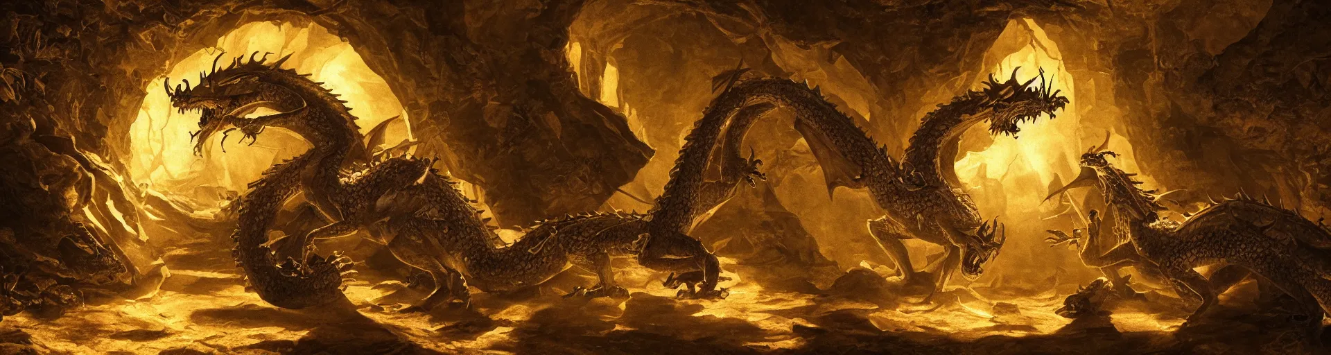 Prompt: A Dragon guards a vast treasure in it's lair, shafts of sunlight appear from missing parts of the interior. Chiaroscuro style painting. 4K.