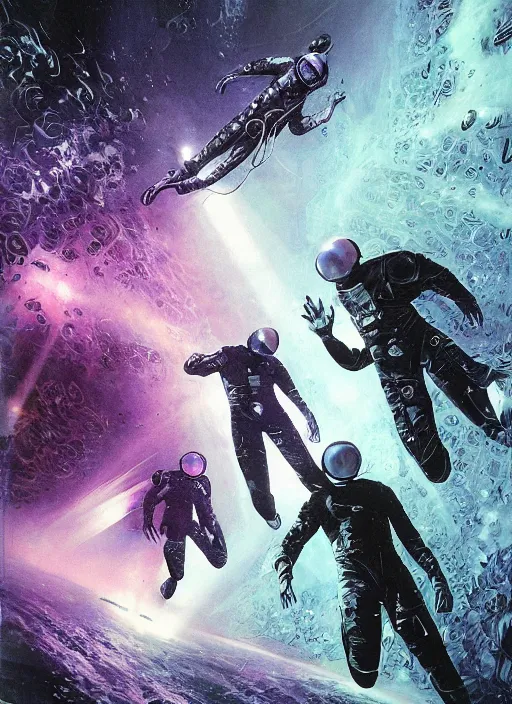 Image similar to astronauts in dark void underwater - complex and hyperdetailed technical suit. reflection and dispersion materials. rays and dispersion of light. volumetric light. f / 3 2. noise film photo. flash photography. ultra realistic, wide angle. poster by wayne barlowe, hajime sorayama aaron horkey, craig mullins