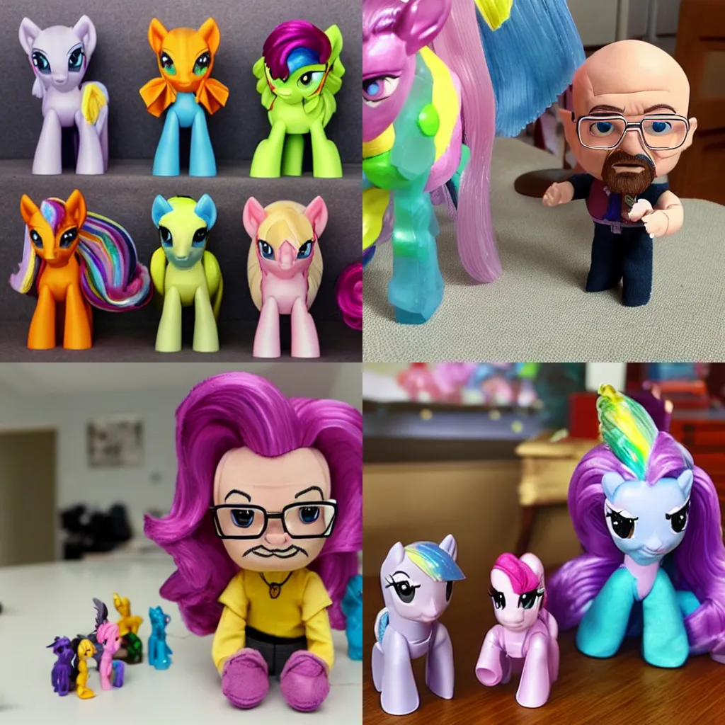 Prompt: walter white playing with my little pony dolls