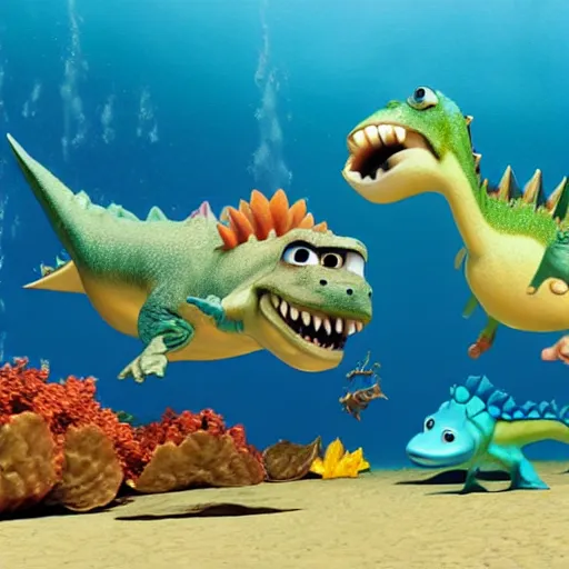 Image similar to aquatic baby fish dinosaurs rendered by pixar