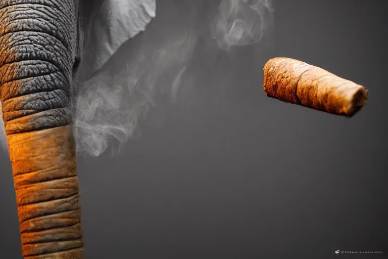 Image similar to ultra realistic nature photography, picture of ( subject : a cigar smoked by an elephant ). the scene is set in a cigar lounge, a very smokey atmosphere, small thick clouds of cigar smoke, artstation, focus on the cigar, extremely detailed and crisply sharp cigar, hyperrealistic smoke, sigma, 4 k