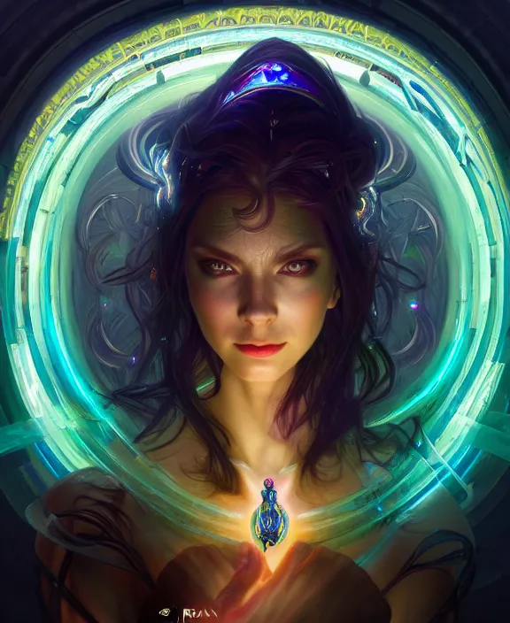 Image similar to a whirlwind of souls rushing inside the metaverse, half body, glowin eyes, tiara with sapphire, pharaoh, android, cyberpunk, d & d, fantasy, intricate, elegant, highly detailed, colorful, vivid color, digital painting, artstation, concept art, art by artgerm and greg rutkowski and alphonse mucha and ruan jia