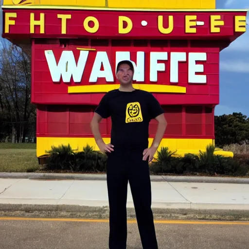 Image similar to wafflehouse employee's standing below wafflehouse sign