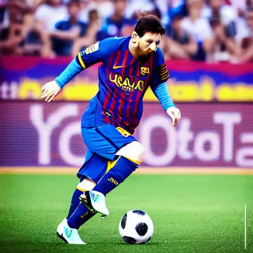 Prompt: Lionel Messi hitting the ball, photorealistic, 4k