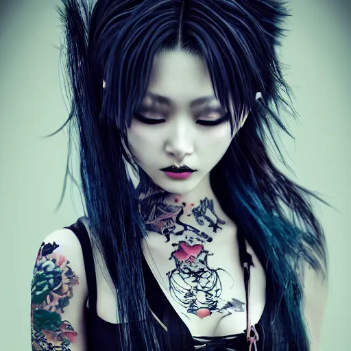 Image similar to japanese gothic model with maximalist hair style and kanji tattoos, dark colors, fashion model, portrait shot, depth of field, 8 k, hyper detailed, intricate, trending on artstation