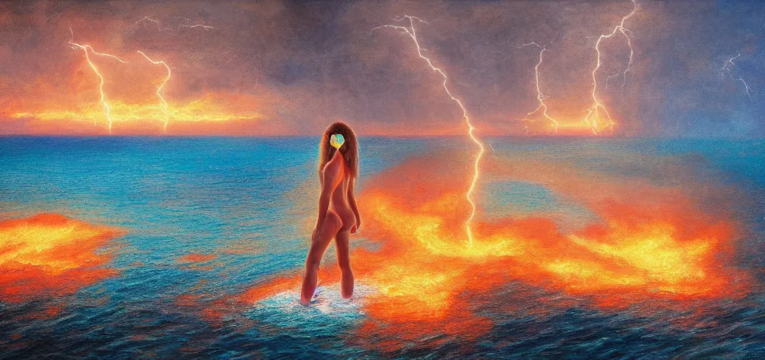 Image similar to aerial painting of a giant beautiful female, standing deep in the ocean, the sky and islands are on fire, atmospheric lightning, godray, concept art, in the style of bob byerley, 8 k high details