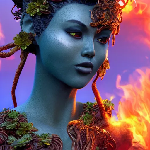 Prompt: Te Fiti a very beautiful female lava and fire goddess character, character is in all its glory, character is in her natural relaxed pose,dramatic lighting, rim lights, particles and air smoke in the air, fancy clouds, highly detailed professional photo, dynamic lights, particles are flying, depth of field, trending on artstation, illustration, hyper realistic, vray caustics, super detailed, colorful accents, cinematic shot her dress is made of lava flowing all around, full dress of lava showcase , cinematic lighting atmospheric realistic octane render highly detailed in he style of craig mullins, full hd render + 3d octane render + unreal engine 5 + Redshift Render + Cinema4D + C4D + Rendered in Houdini + Houdini-Render + Blender Render + Cycles Render + OptiX-Render + Povray + Vray + CryEngine + LuxCoreRender + MentalRay-Render + Raylectron + Infini-D-Render + Zbrush + DirectX + Terragen + Autodesk 3ds Max + After Effects + 4k UHD + immense detail + interdimensional lightning + studio quality + enhanced quality