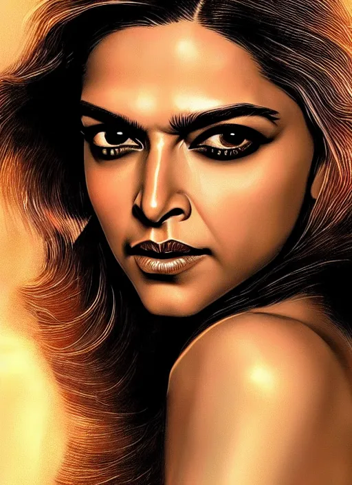 Image similar to portrait photo of a gorgeous young Deepika Padukone as Bond Girl in James Bond movie, with intricate detailed in the style of stefan kostic realistic sharp