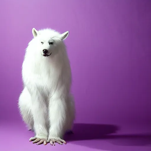 Image similar to a photo of a white fur monster standing in a purple room,