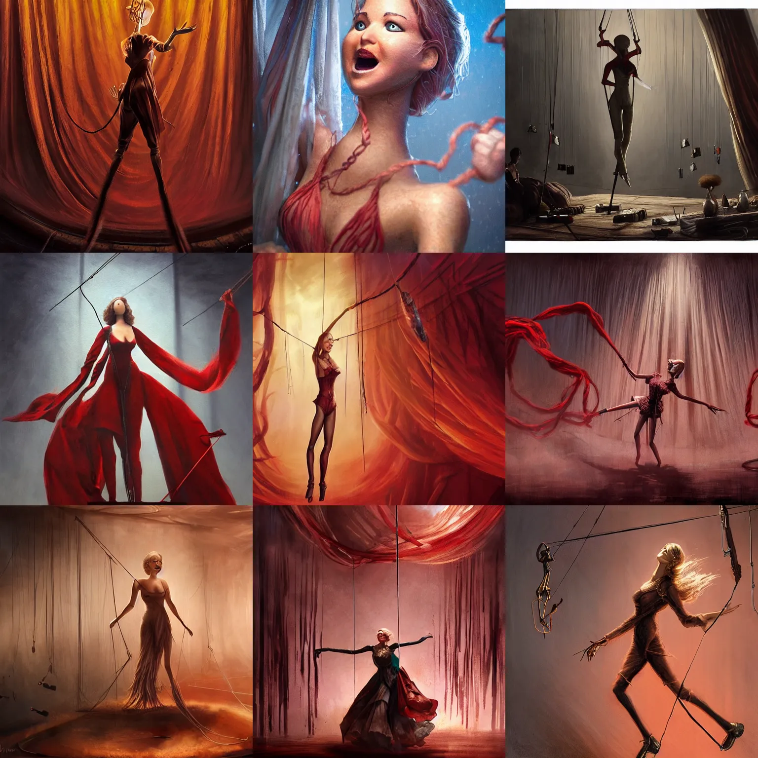 Prompt: epic scene of a marionette (Jennifer Lawrence) on strings behind red curtains, concept art by Noah Bradley, Darek Zabrocki, Tyler edlin, Jordan Grimmer, Neil Blevins, James Paick, Natasha Tan, manipulation, string puppet, pulling strings, puppet on a string, hand controlling, control, puppet, highly detailed, ultra detailed, ultra realistic, trending on artstation, masterpiece