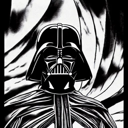 Image similar to Darth Vader portrait in the style of Junji Ito. Manga. Gothic. Horror. Extremely detailed. 4K.