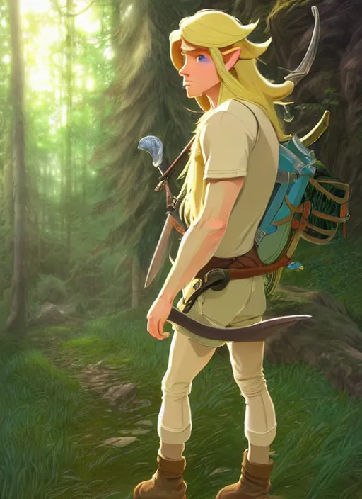 Image similar to young man with long blond hair, from behind, lost in a forest, natural lighting, path traced, highly detailed, high quality, digital painting, by don bluth and ross tran and studio ghibli and alphonse mucha, artgerm, breath of the wild