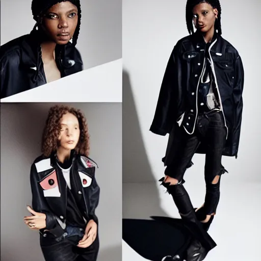 Image similar to realistic photoshooting for a new balenciaga lookbook color film photography portrait of a beautiful woman model, model wears a black paneled denim jacket, photo in style of tyler mitchell