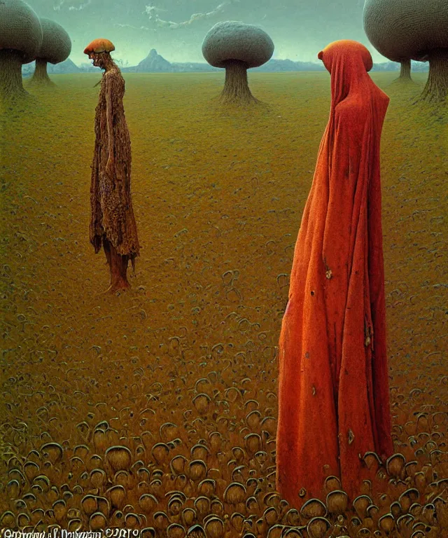 Image similar to A detailed funguswoman stands among the mushroom fields. Wearing a ripped mantle, robe. Perfect faces, extremely high details, realistic, fantasy art, solo, masterpiece, art by Zdzisław Beksiński, Norman Rockwell, Dariusz Zawadzki