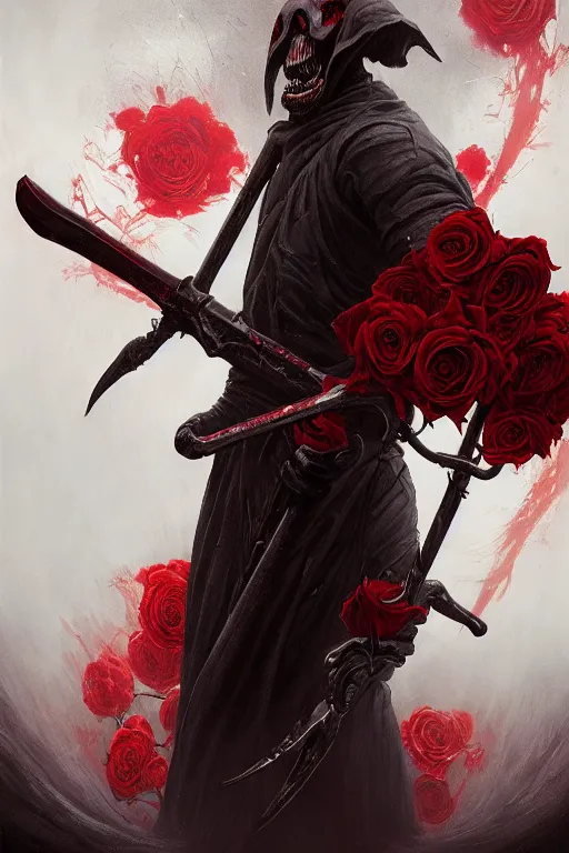 Image similar to poster style, a beautiful and terrifying painting with high details of a panoramic view of a reaper holding a long sickle, with red fluid white roses in the foreground, movie atmosphere, movie lights, 8 k, light effect, rtx on, trending on artstation, by kilian eng, lee madgwick, bastien lecouffe - deharme