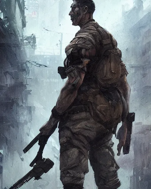 Image similar to battle hardened charismatic man soldier muscular, face centered portrait, confident, ruined cityscape, zombies, fog, rain, volumetric lighting, soft light particles floating near her, illustration, perfectly shaded, soft painting, art by krenz cushart and wenjun lin