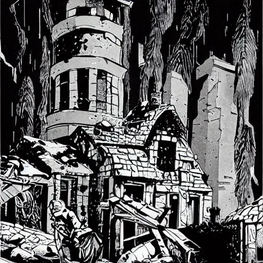 Prompt: A ruined village. Dark Fantasy, Film Noir, Black and White. High Contrast, Mike Mignola