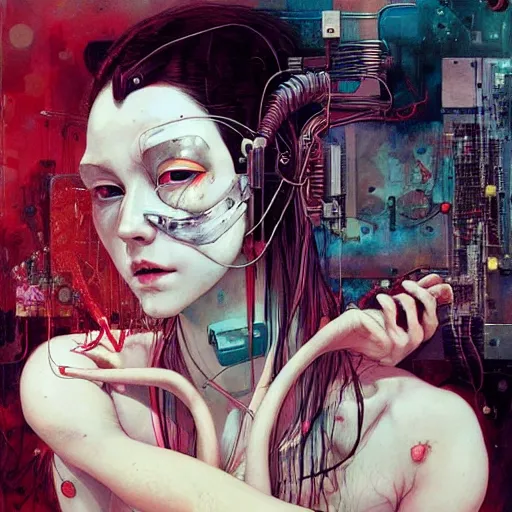 Prompt: young woman cyberpunk having her dreams stolen, wires cybernetic implants, in the style of adrian ghenie, esao andrews, jenny saville,, surrealism, dark art by james jean, takato yamamoto