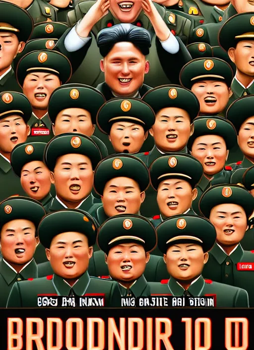 Image similar to propaganda poster smiling jerma as dictator of north korea with soldiers saluting, 8 k, trending on artstation