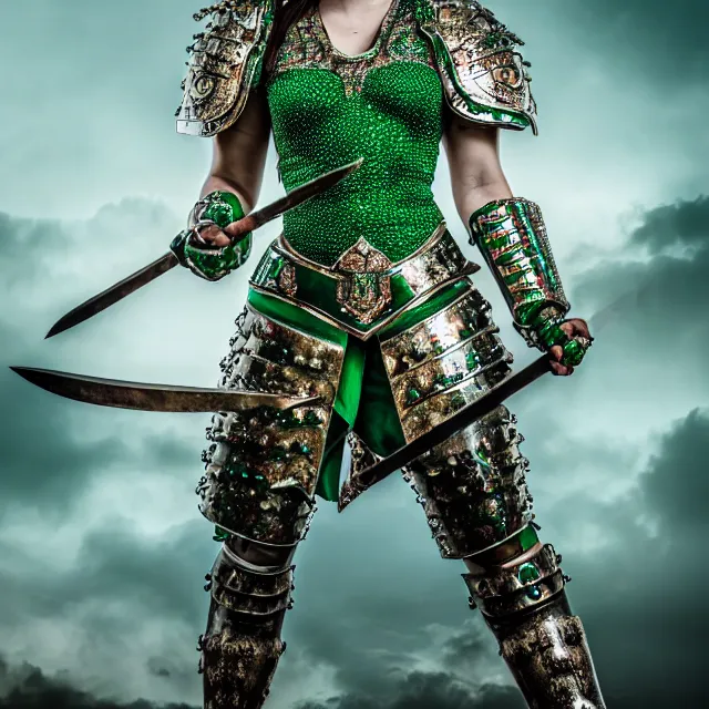 Prompt: full body photo of a beautiful cute strong warrior queen wearing emerald encrusted armour, highly detailed, 8 k, hdr, smooth, sharp focus, high resolution, award - winning photo