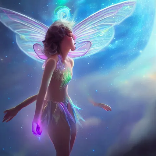 Prompt: magical fairy floating in space, epic cartoon portrait, beautiful face, stunning concept art, highly detailed, galaxy background, rendered in octane, unreal engine, trending on artstation, realistic, diviantart