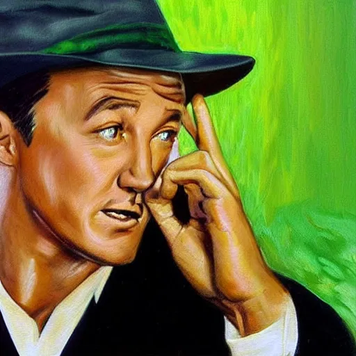 Image similar to beautiful lifelike painting of gene kelly demanding a refund on undercooked overpriced dinosaur steak in downtown dive bar bistro, hyperreal detailed facial features and uv lighting, art by osamu sato and ryu noguchi