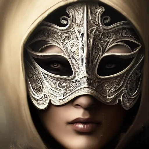 Prompt: Very highly detailed epic photo of face with venetian mask, intricate, dystopian, sci-fi, extremely detailed, digital painting, artstation, concept art, smooth, sharp focus, illustration, intimidating lighting, incredible art by Artgerm, ultra details, 8k