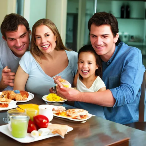 Image similar to stock photo of a perfectly normal happy family eating breakfast