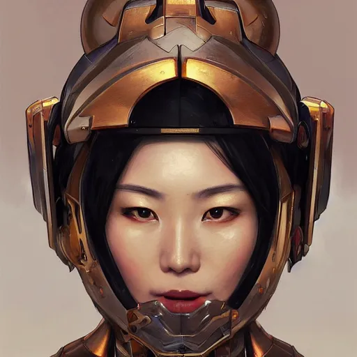 Image similar to portrait painting of asian woman in mecha helmet, by artgerm and greg rutkowski and alphonse mucha, ultra realistic, concept art, intricate details, highly detailed, photorealistic, octane render, 8 k, unreal engine