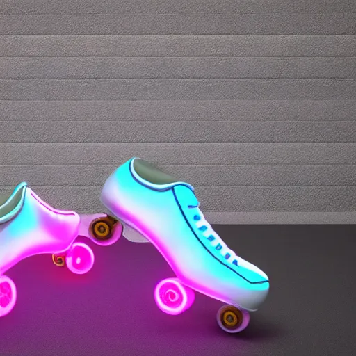 Image similar to a pair of white retro! roller skates with cyan wheels on a pedestal!! in an empty white room, octane render, 3 d, pink lightning, neon!! light