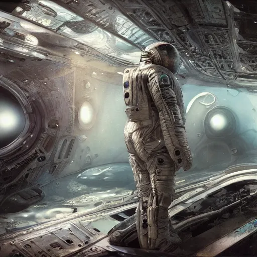 Prompt: concept art by craig mullins astronaut in futuristic dark and empty spaceship underwater. infrared complex and hyperdetailed technical suit. mandelbulb fractal. reflection and dispersion materials. rays and dispersion of light. volumetric light. 5 0 mm, f / 3 2. noise film photo. flash photography. interstellar movie art