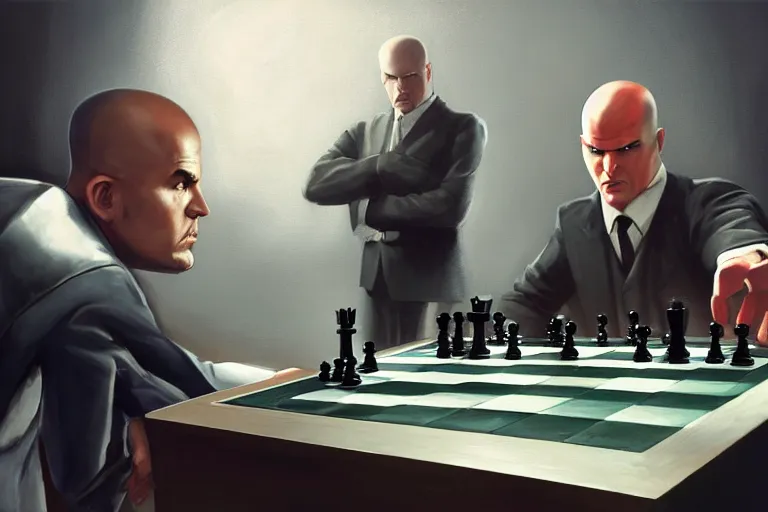 Prompt: Steve from Minecraft playing chess against Agent 47 from Hitman, oil painting, epic, video game, full res, full shot, featured on artstation, highly detailed