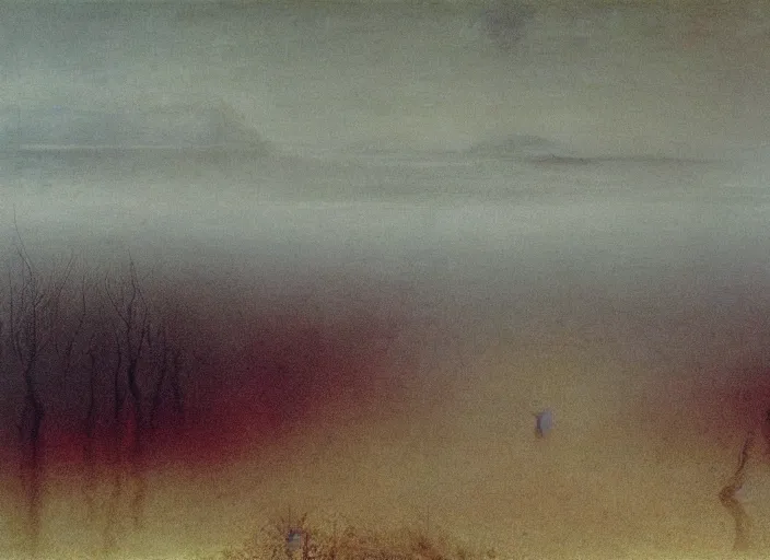 Image similar to the misty landscapes of dementia, abstract shapes and incomprehensible objects, uncanny landscape, familiar and yet foreign, uncertainty, painted by Caspar David Friedrich and Zdzislaw Beksinski