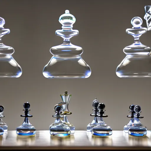 Prompt: a glass blown art installation of chess pieces, museum lighting