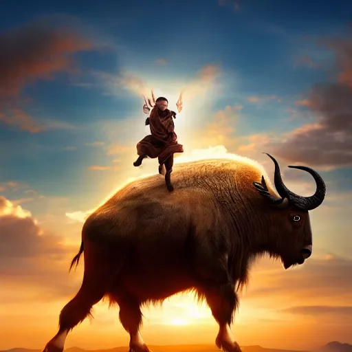 Image similar to a photograph of appa, the flying bison in the sky. live action still from avatar the last airbender ( 2 0 2 5 ). color harmony, 8 k detail, gallery quality, hd wallpaper, premium prints available.