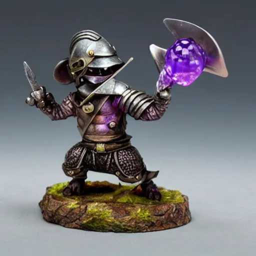 Image similar to armored mouse warrior holding a sword in one hand and reaching for a floating purple crystal with the other