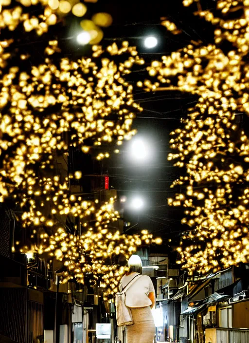 Image similar to symmetry!! a 2 8 mm photo from the back of a woman in tokyo, seen from a distance, long exposure, splash art, movie still, bokeh, canon 5 0 mm, cinematic lighting, dramatic, film, photography, golden hour, depth of field, award - winning, anamorphic lens flare, 8 k, hyper detailed, 3 5 mm film grain