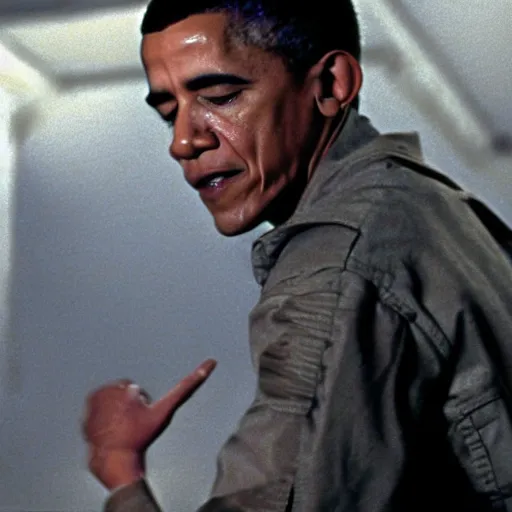 Image similar to film still of Barack Obama being held against a wall by a predator in the movie Alien.